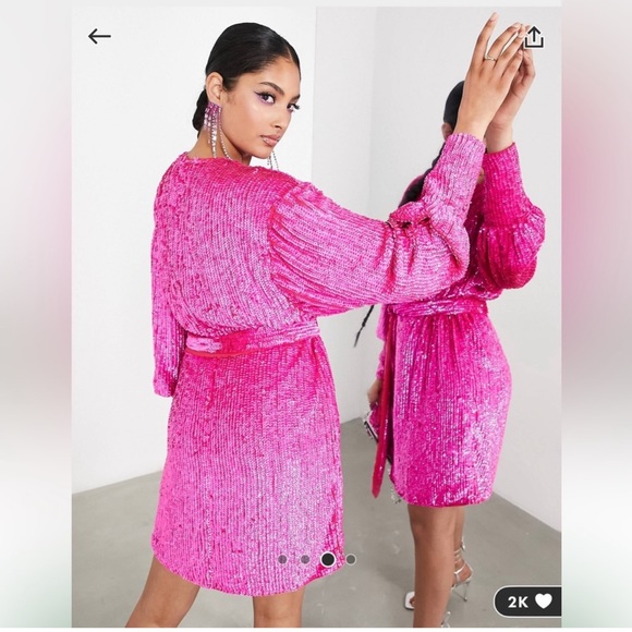 - ASOS EDITION sequin wrap mini dress in hit pink - size 6 - Picture 3 of 12